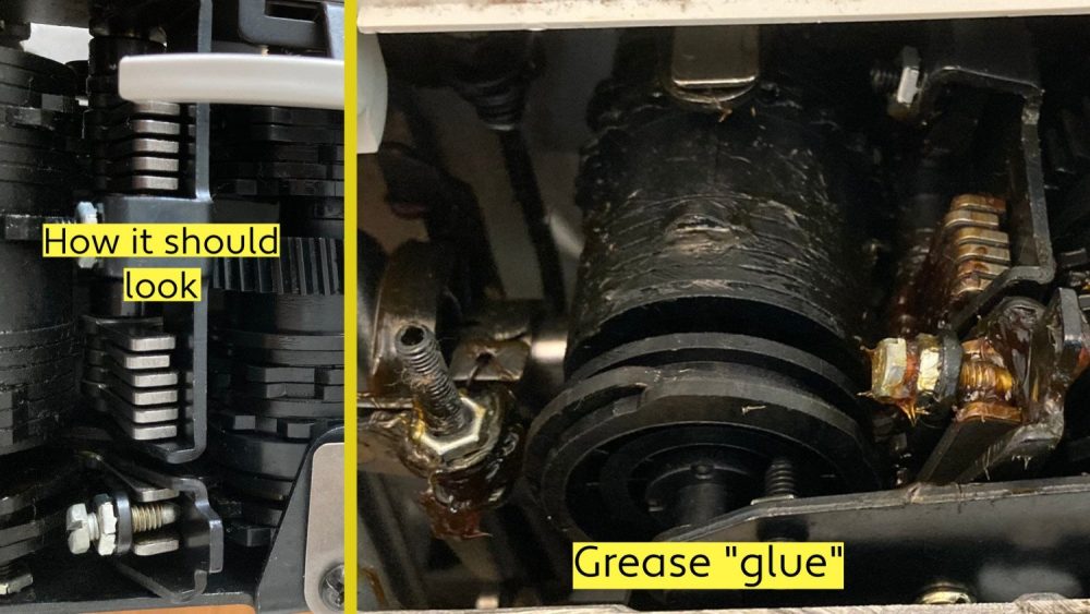Sewing machine gears completely covered in grease "glue". 