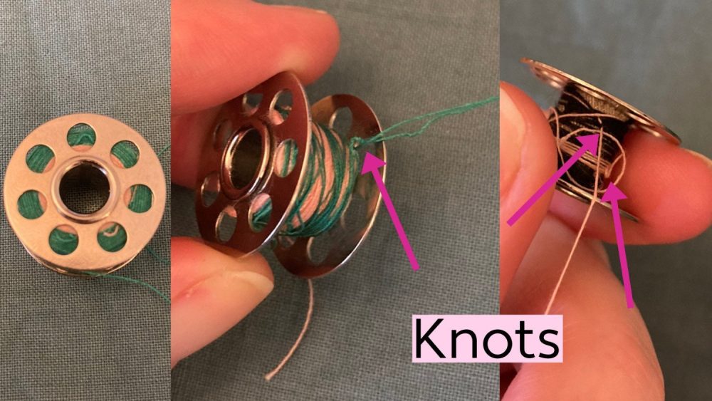 Don't double thread your bobbin! Image of bobbins with tangled thread.